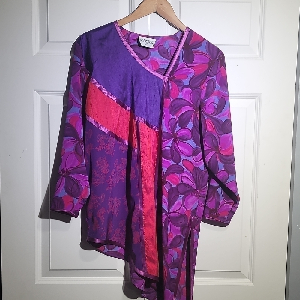 Maggie Shepherd Vintage 80's Patchwork Purple Asymmetrical Tunic Blouse